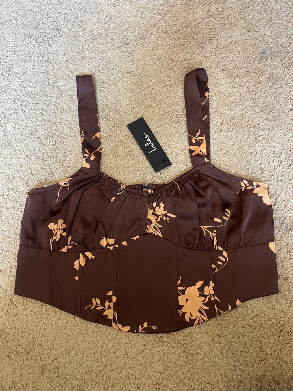 Lulus Doubly Darling Brown Floral Satin Bustier Top Size L NWT